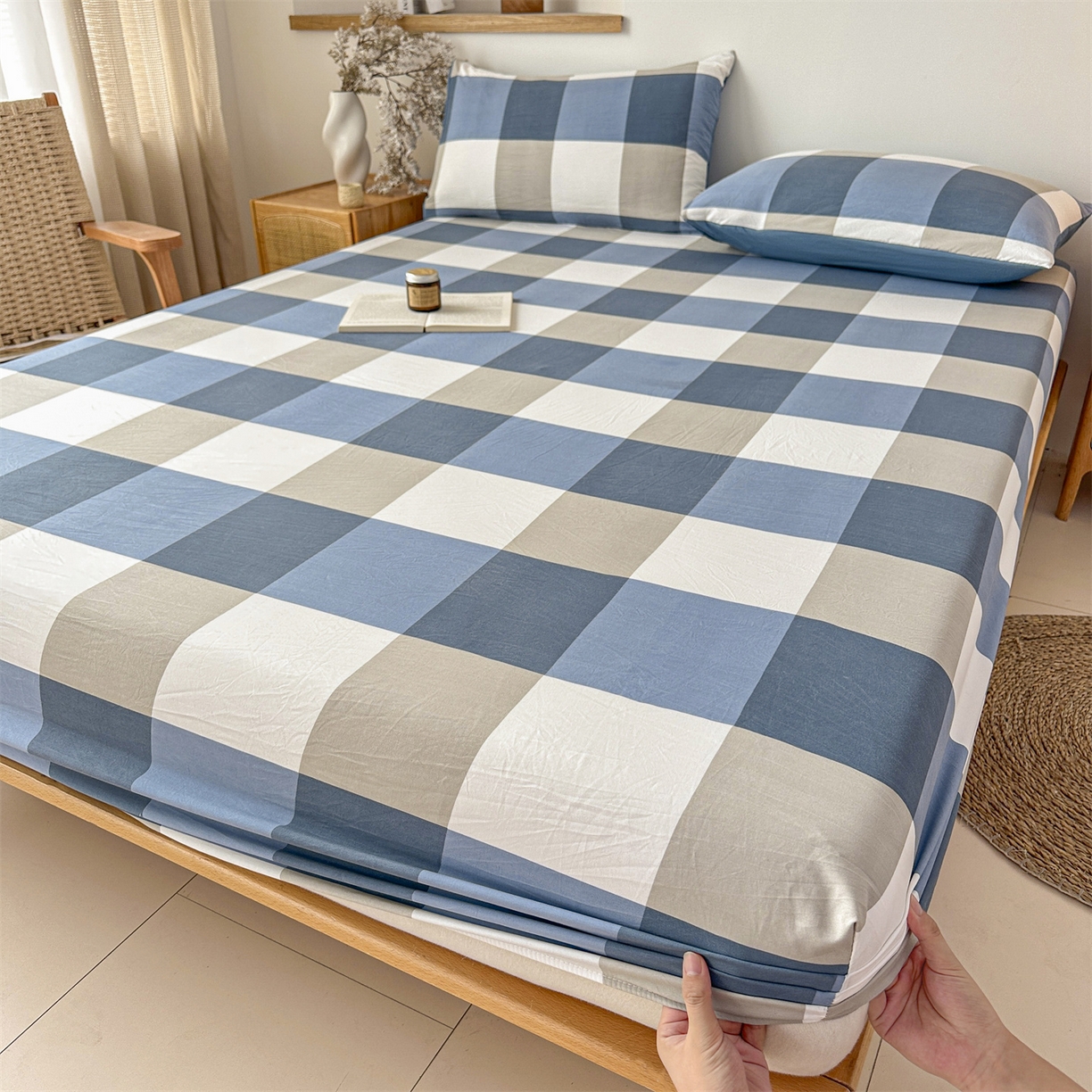 盛秋家纺 2025新款A类水洗棉格子印花床笠单品床笠单件单床笠 蓝大格
