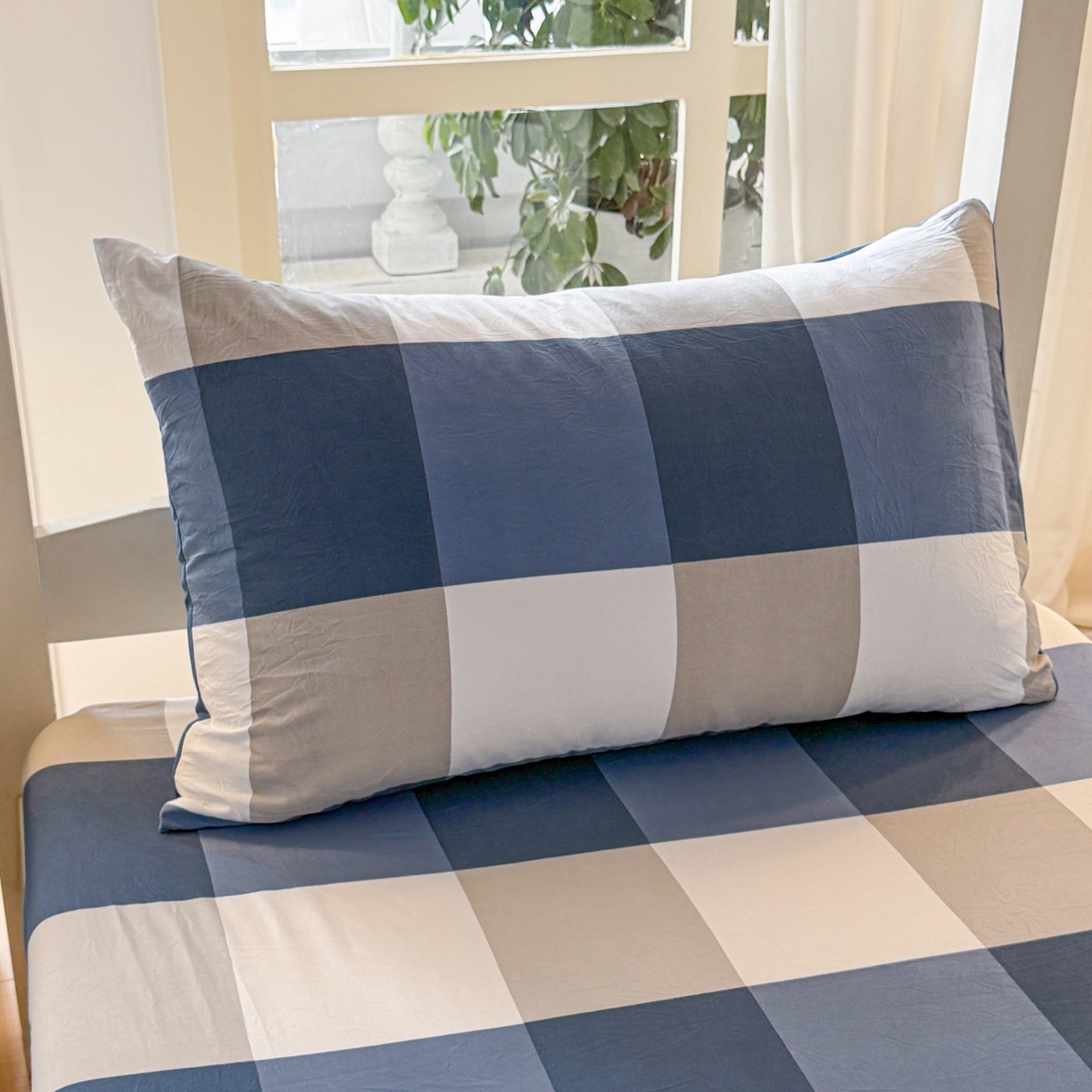 91家纺网 家纺一手货源 找家纺 盛秋家纺 2025新款A类水洗棉格子印花床笠单品床笠单件单床笠 蓝大格