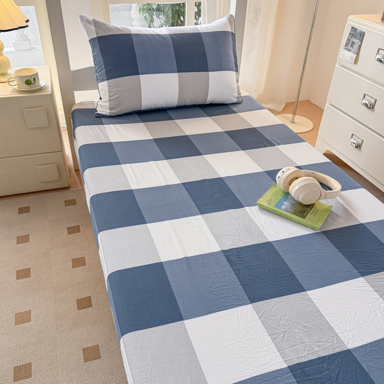 91家纺网 家纺一手货源 找家纺 盛秋家纺 2025新款A类水洗棉格子印花床笠单品床笠单件单床笠 蓝大格