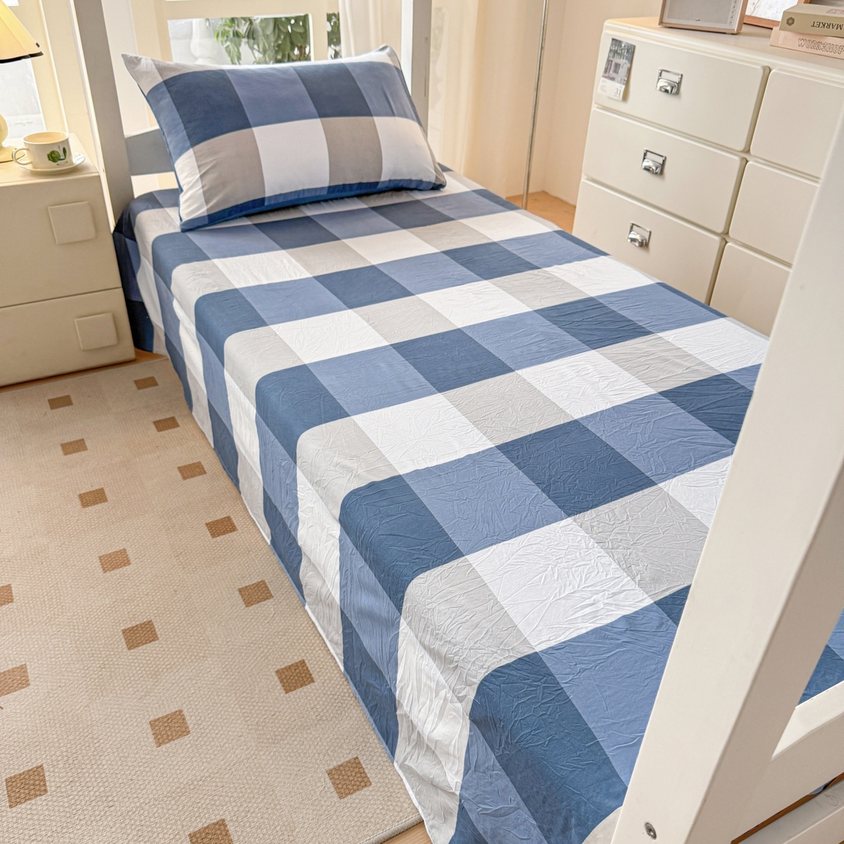 91家纺网 家纺一手货源 找家纺 盛秋家纺 2025新款A类水洗棉格子印花床笠单品床笠单件单床笠 蓝大格
