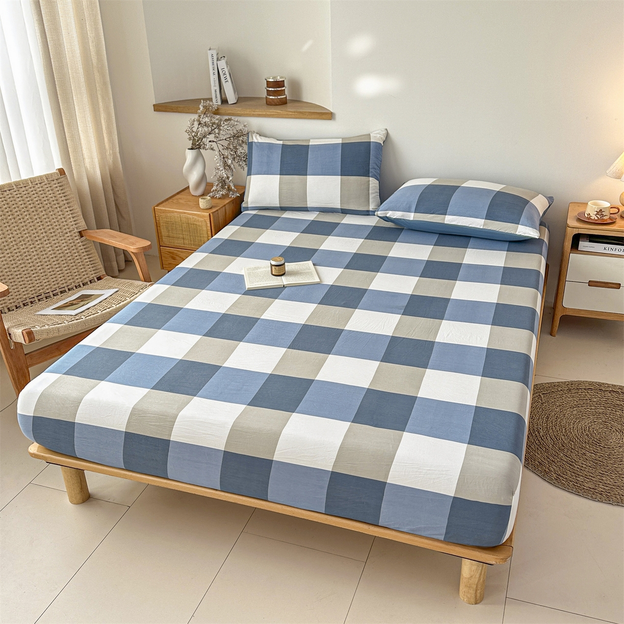 91家纺网 家纺一手货源 找家纺 盛秋家纺 2025新款A类水洗棉格子印花床笠单品床笠单件单床笠 蓝大格