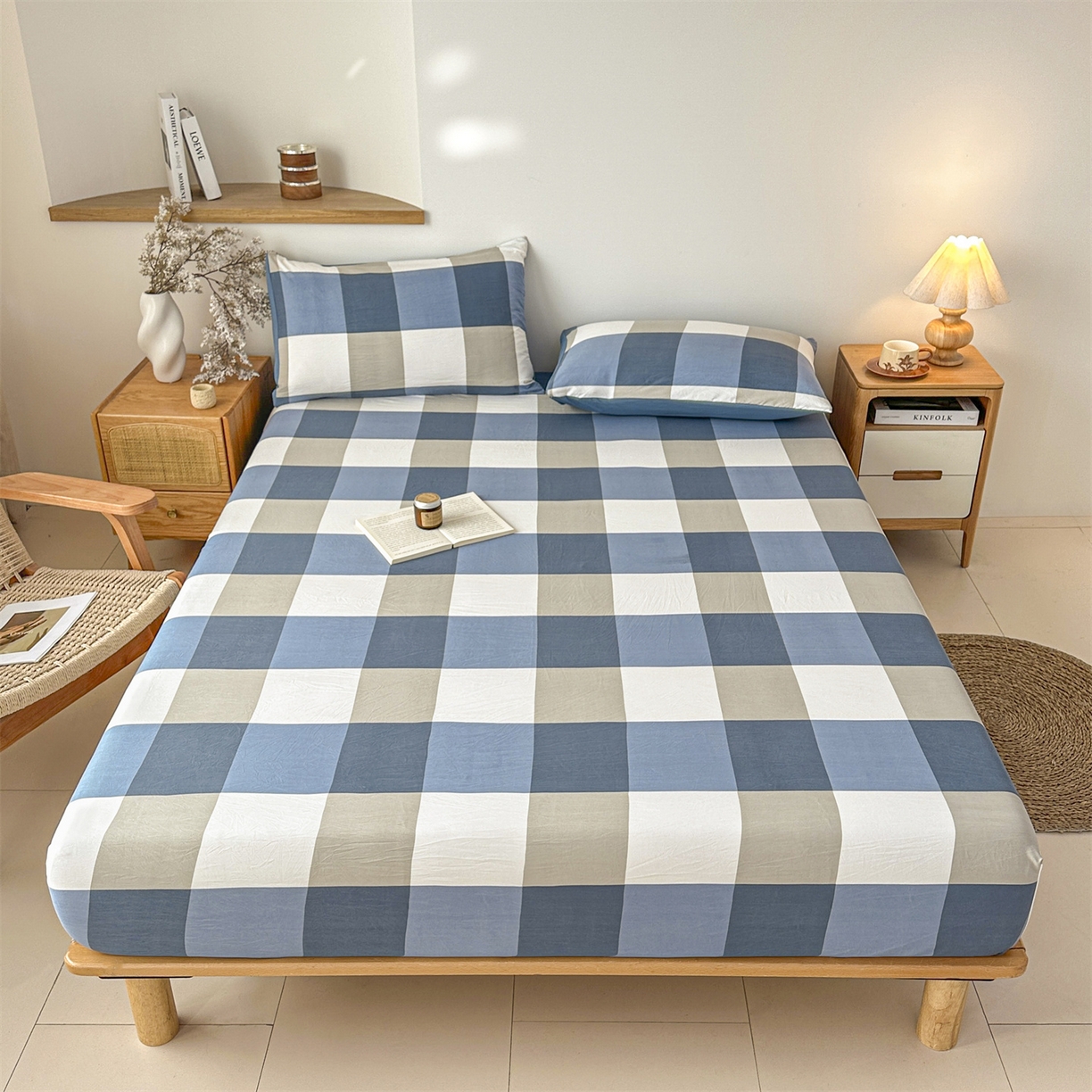 91家纺网 家纺一手货源 找家纺 盛秋家纺 2025新款A类水洗棉格子印花床笠单品床笠单件单床笠 蓝大格