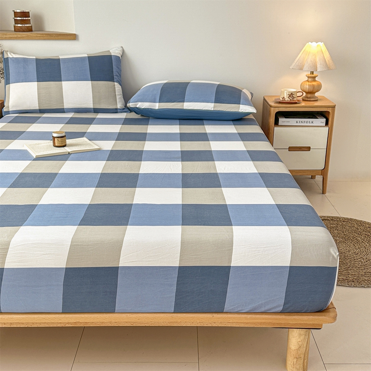 91家纺网 家纺一手货源 找家纺 盛秋家纺 2025新款A类水洗棉格子印花床笠单品床笠单件单床笠 蓝大格