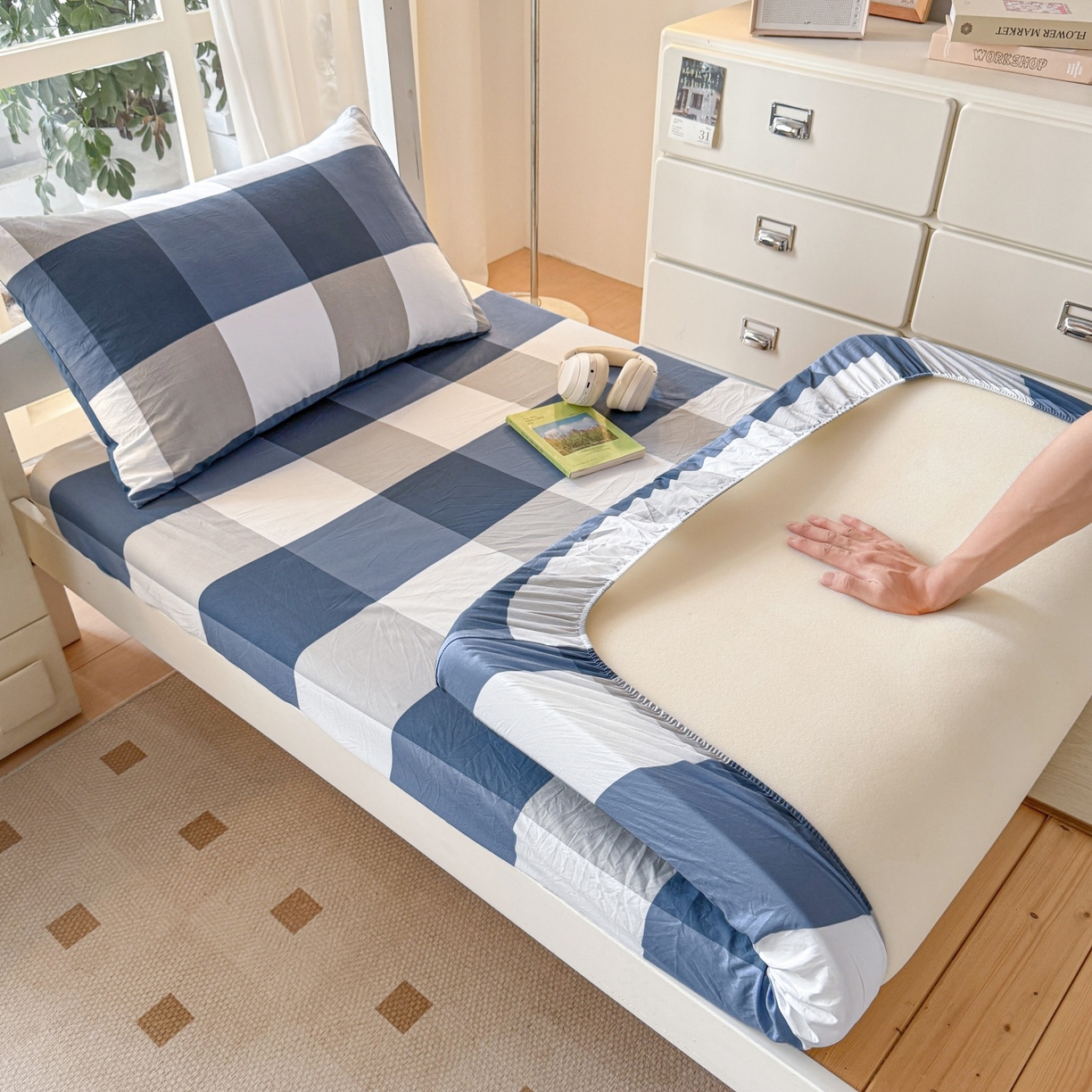 91家纺网 家纺一手货源 找家纺 盛秋家纺 2025新款A类水洗棉格子印花床笠单品床笠单件单床笠 蓝大格