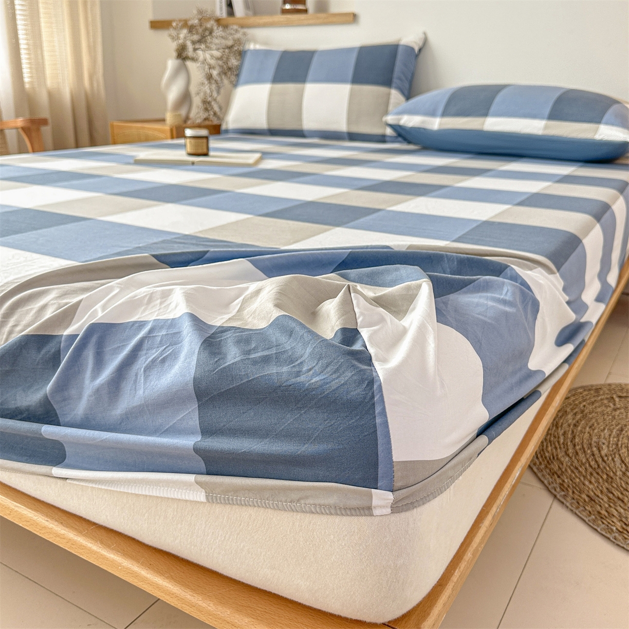 91家纺网 家纺一手货源 找家纺 盛秋家纺 2025新款A类水洗棉格子印花床笠单品床笠单件单床笠 蓝大格