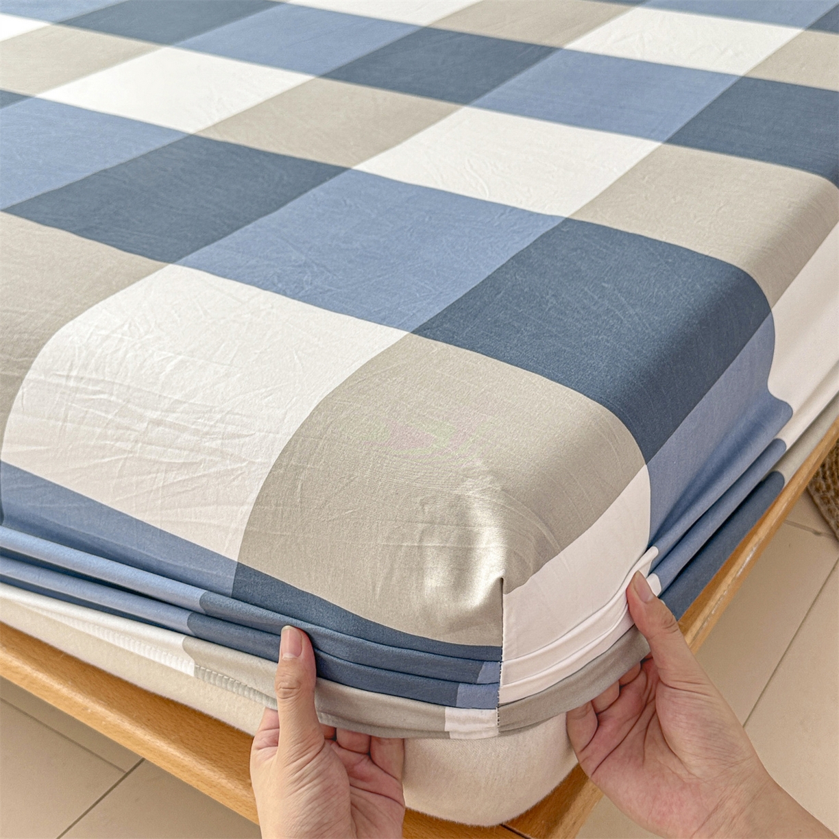 91家纺网 家纺一手货源 找家纺 盛秋家纺 2025新款A类水洗棉格子印花床笠单品床笠单件单床笠 蓝大格