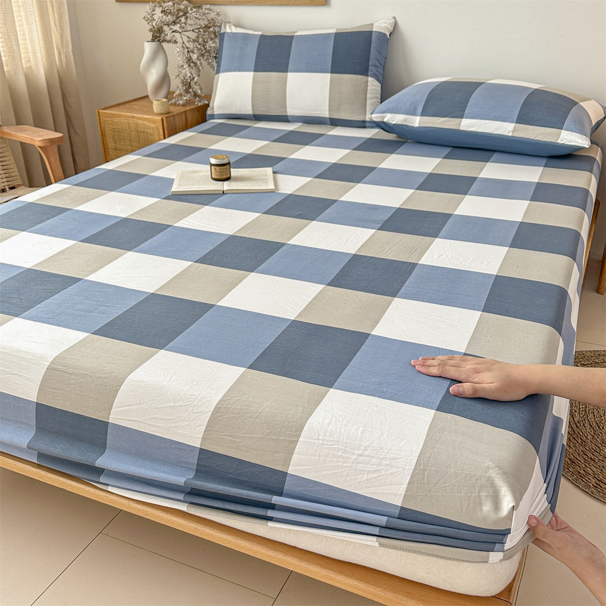 91家纺网 家纺一手货源 找家纺 盛秋家纺 2025新款A类水洗棉格子印花床笠单品床笠单件单床笠 蓝大格