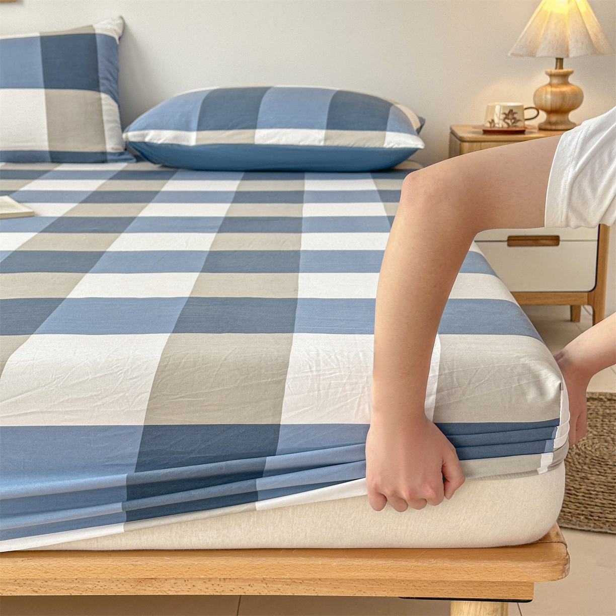 91家纺网 家纺一手货源 找家纺 盛秋家纺 2025新款A类水洗棉格子印花床笠单品床笠单件单床笠 蓝大格