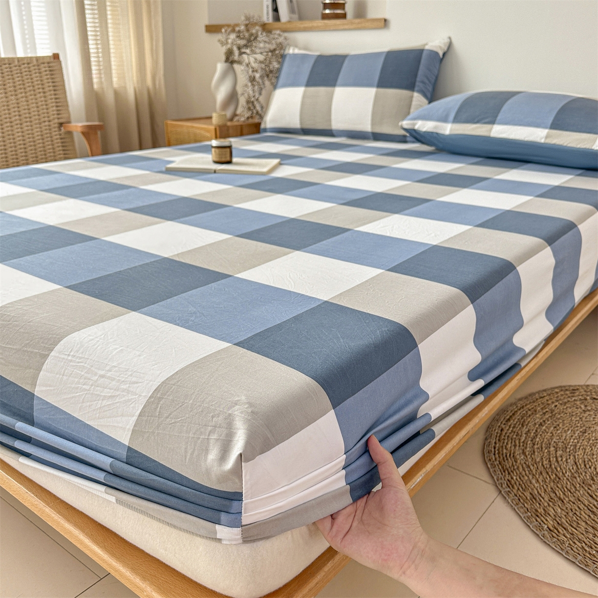 91家纺网 家纺一手货源 找家纺 盛秋家纺 2025新款A类水洗棉格子印花床笠单品床笠单件单床笠 蓝大格
