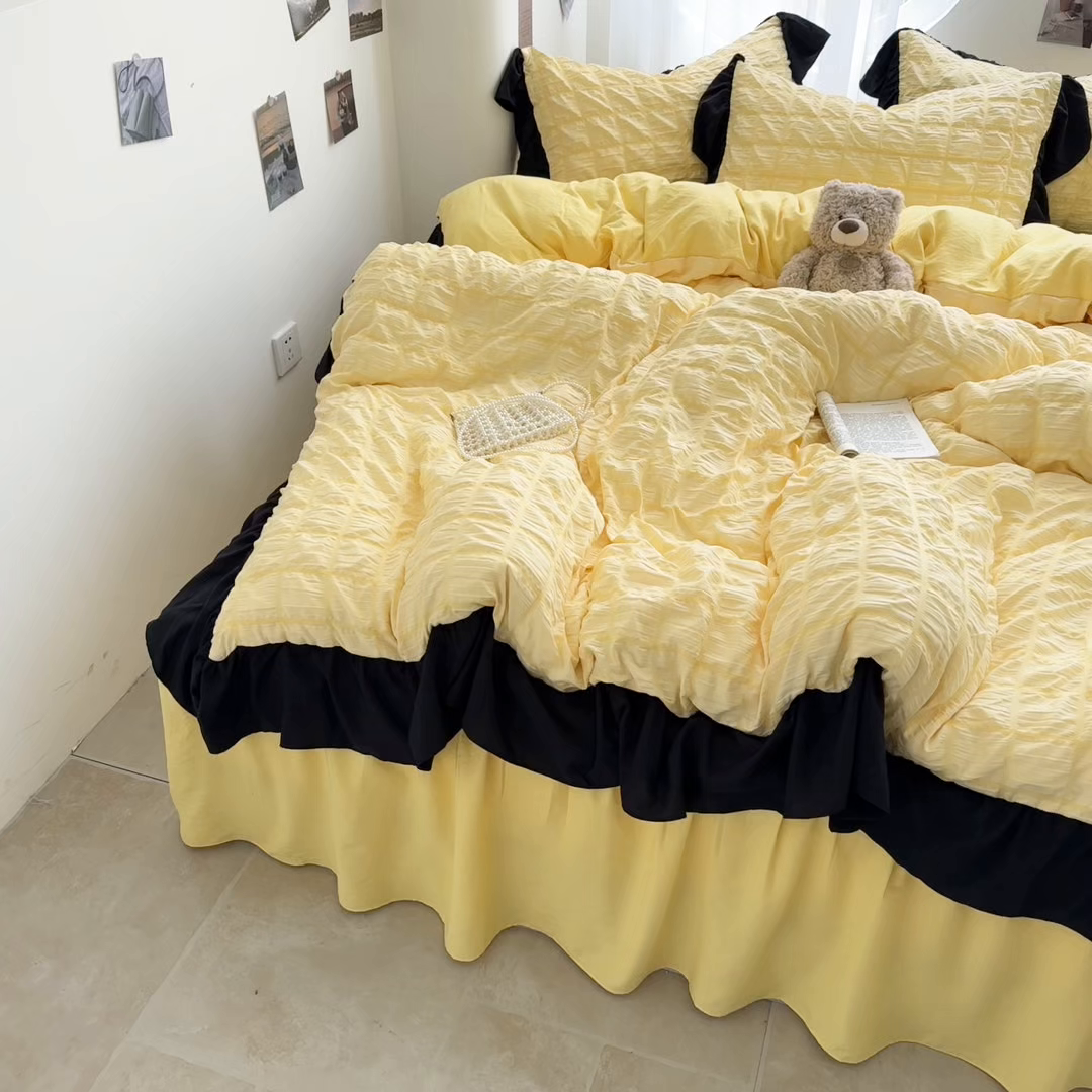 91家纺网 家纺一手货源 找家纺 优卡迪家纺馆 2025新款亲肤舒适A类法式泡泡纱花边款四件套 魔芋橙汁