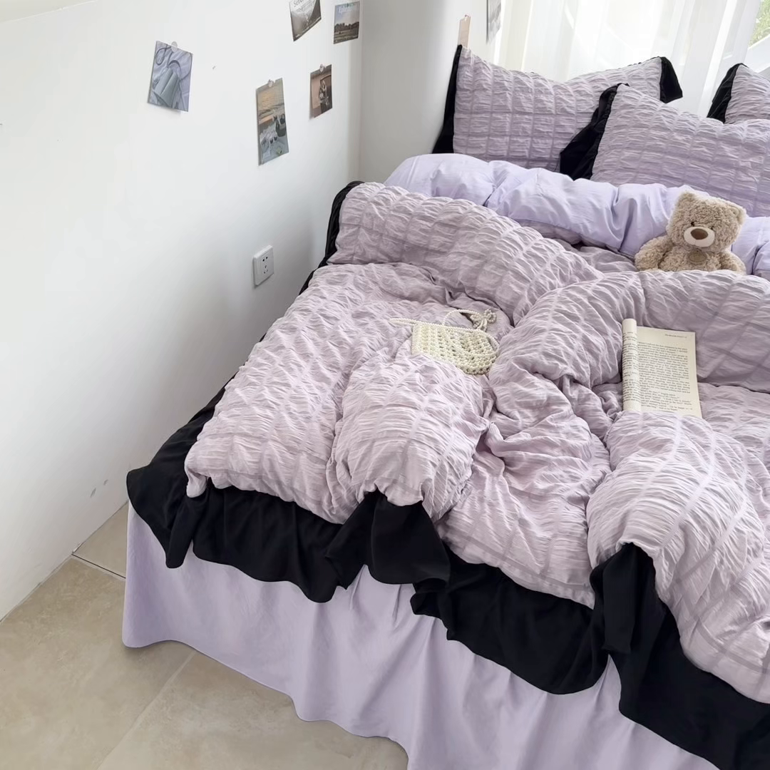 91家纺网 家纺一手货源 找家纺 优卡迪家纺馆 2025新款亲肤舒适A类法式泡泡纱花边款四件套 香芋紫薯