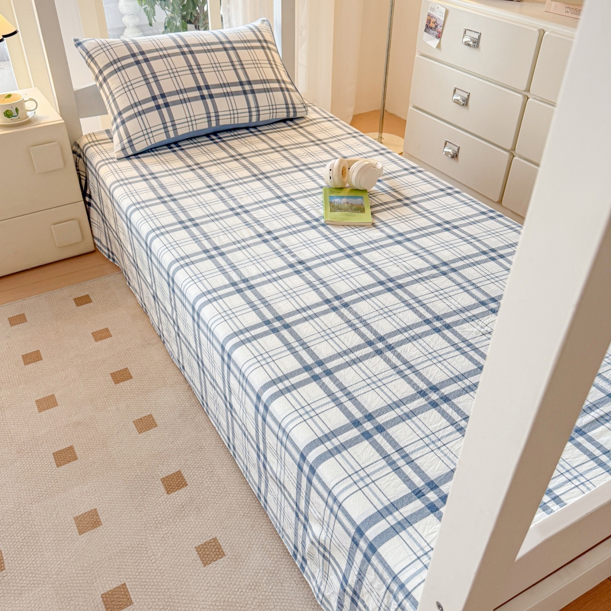 91家纺网 家纺一手货源 找家纺 盛秋家纺 2025新款A类水洗棉格子印花床笠单品床笠单件单床笠 蓝调