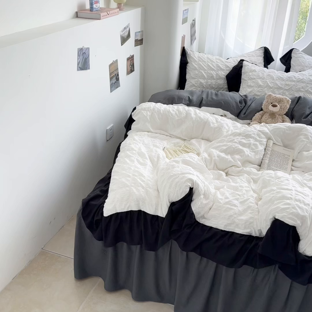 91家纺网 家纺一手货源 找家纺 优卡迪家纺馆 2025新款亲肤舒适A类法式泡泡纱花边款四件套 茉莉奶昔