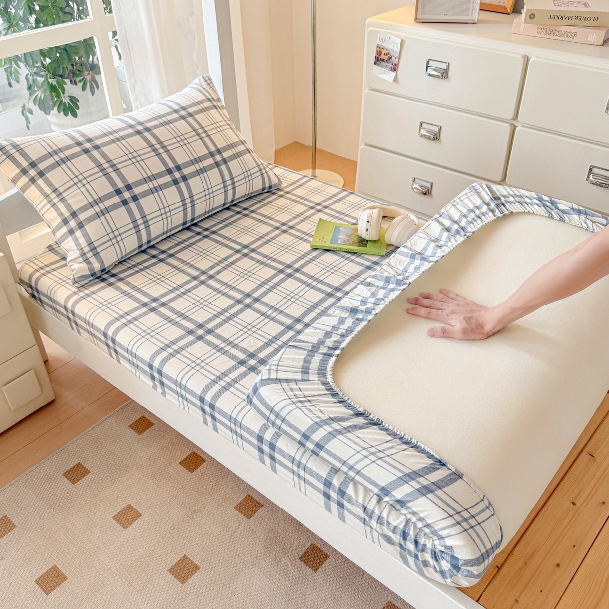 91家纺网 家纺一手货源 找家纺 盛秋家纺 2025新款A类水洗棉格子印花床笠单品床笠单件单床笠 蓝调