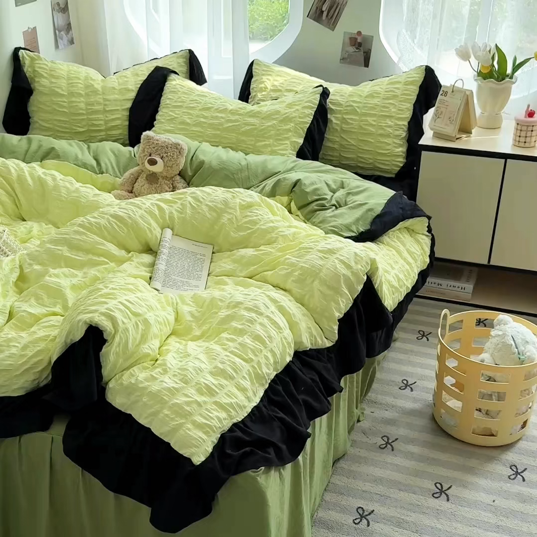 91家纺网 家纺一手货源 找家纺 优卡迪家纺馆 2025新款亲肤舒适A类法式泡泡纱花边款四件套 青柠蜜瓜