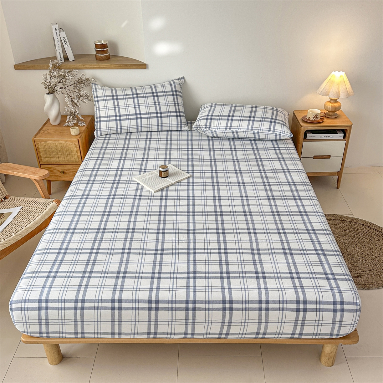 91家纺网 家纺一手货源 找家纺 盛秋家纺 2025新款A类水洗棉格子印花床笠单品床笠单件单床笠 蓝调
