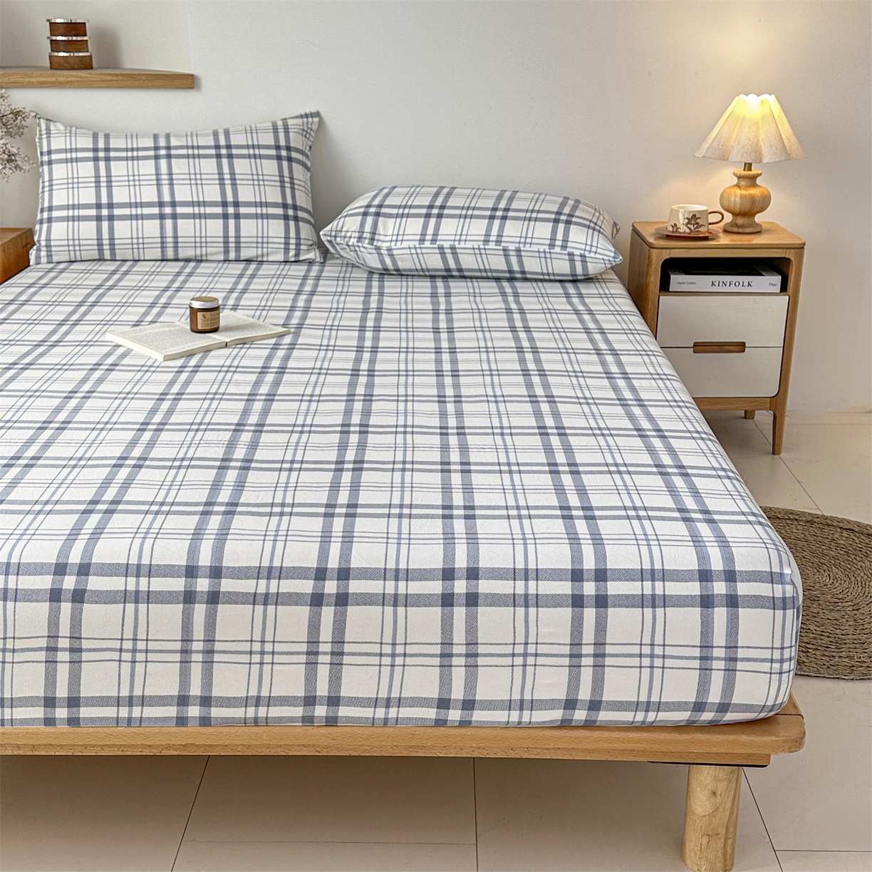 91家纺网 家纺一手货源 找家纺 盛秋家纺 2025新款A类水洗棉格子印花床笠单品床笠单件单床笠 蓝调