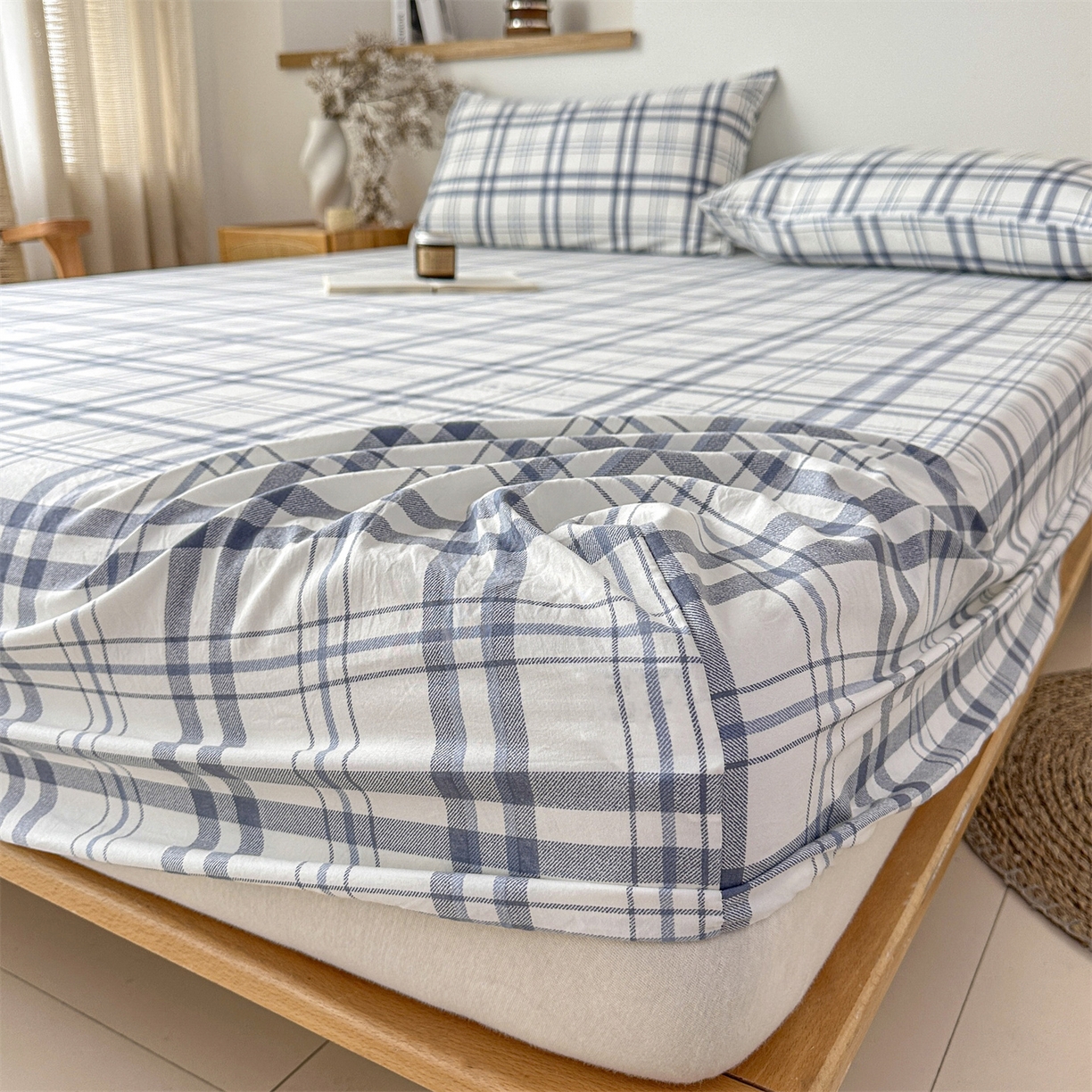 91家纺网 家纺一手货源 找家纺 盛秋家纺 2025新款A类水洗棉格子印花床笠单品床笠单件单床笠 蓝调