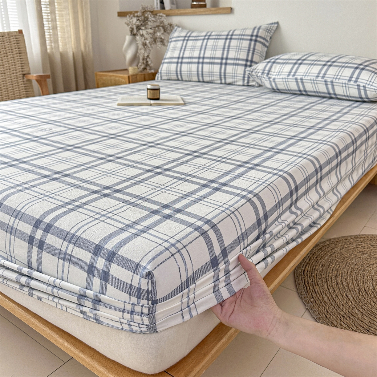 91家纺网 家纺一手货源 找家纺 盛秋家纺 2025新款A类水洗棉格子印花床笠单品床笠单件单床笠 蓝调