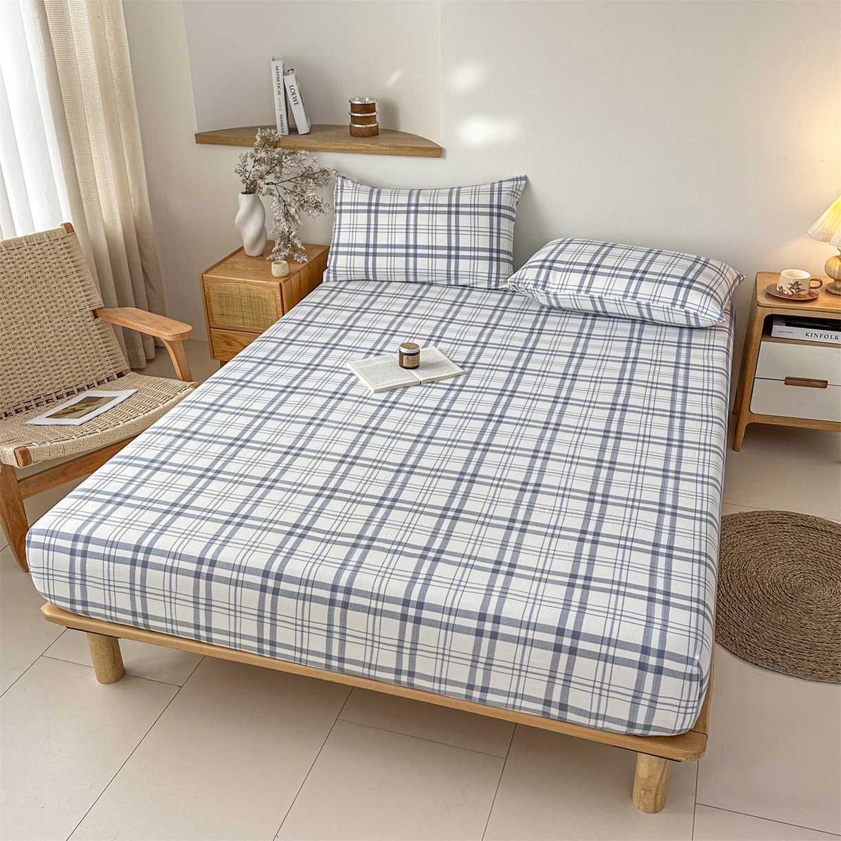 91家纺网 家纺一手货源 找家纺 盛秋家纺 2025新款A类水洗棉格子印花床笠单品床笠单件单床笠 蓝调