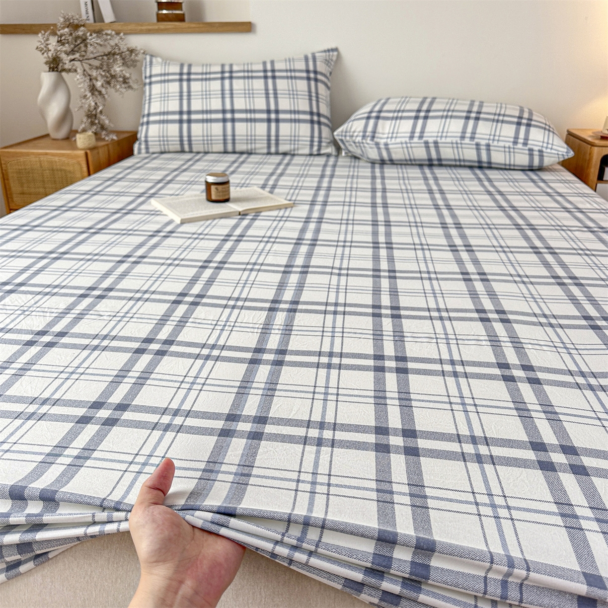 91家纺网 家纺一手货源 找家纺 盛秋家纺 2025新款A类水洗棉格子印花床笠单品床笠单件单床笠 蓝调