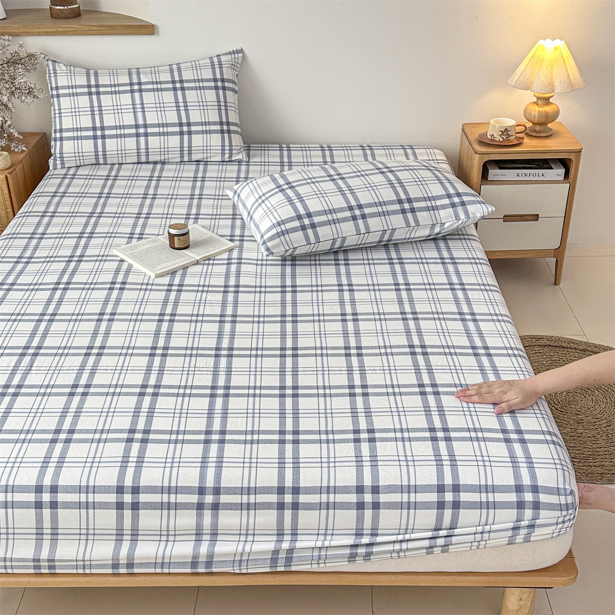 91家纺网 家纺一手货源 找家纺 盛秋家纺 2025新款A类水洗棉格子印花床笠单品床笠单件单床笠 蓝调