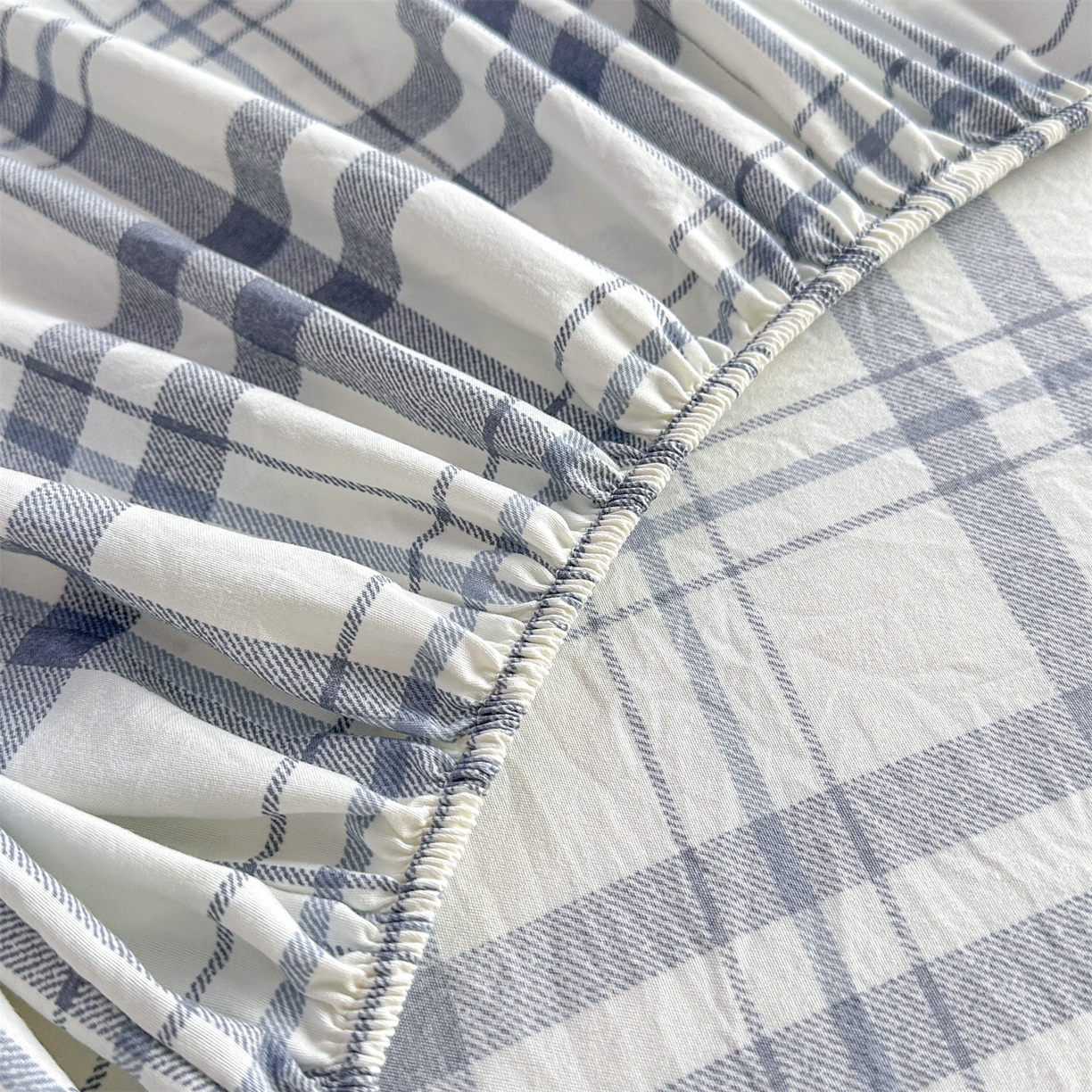 91家纺网 家纺一手货源 找家纺 盛秋家纺 2025新款A类水洗棉格子印花床笠单品床笠单件单床笠 蓝调