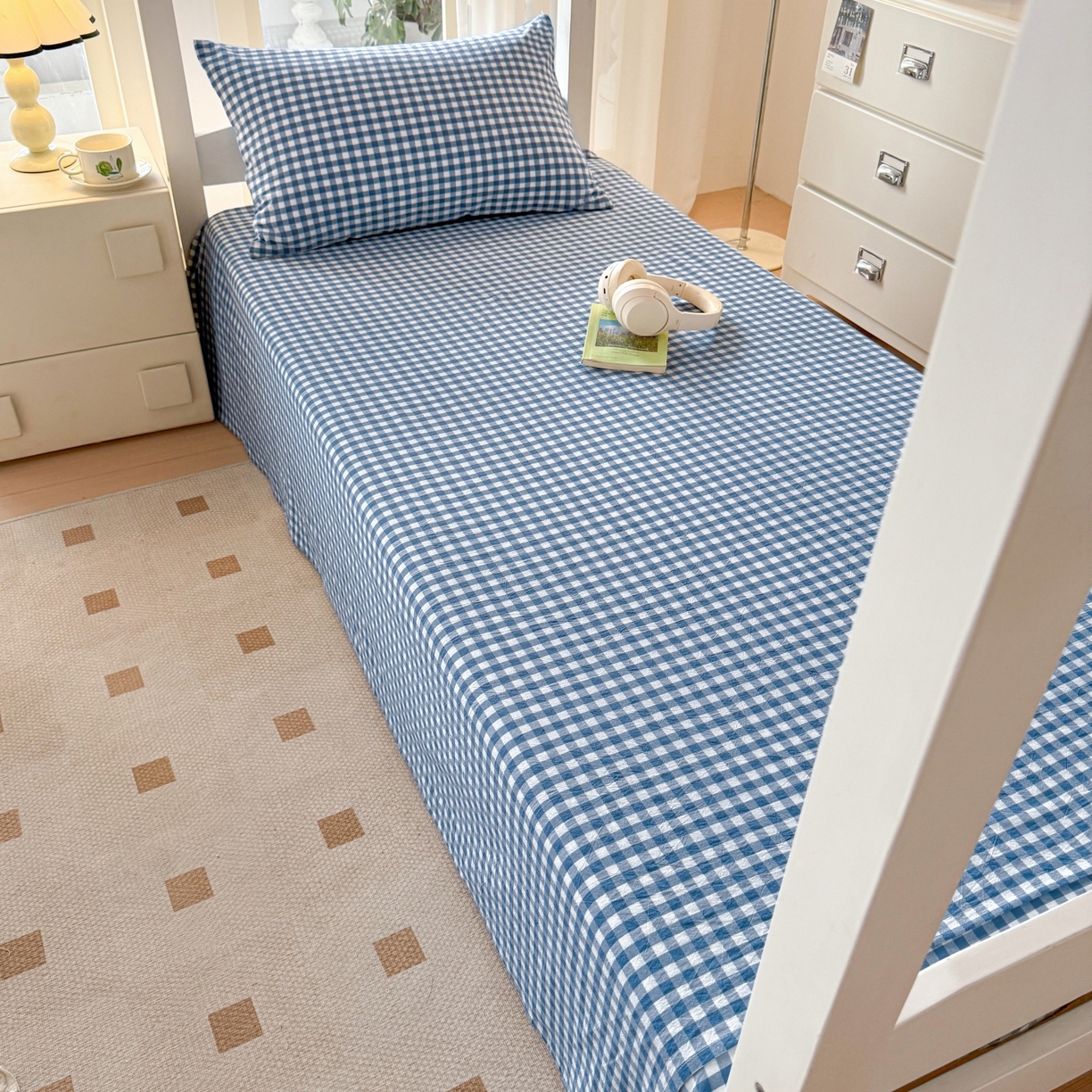91家纺网 家纺一手货源 找家纺 盛秋家纺 2025新款A类水洗棉格子印花床笠单品床笠单件单床笠 蓝小格