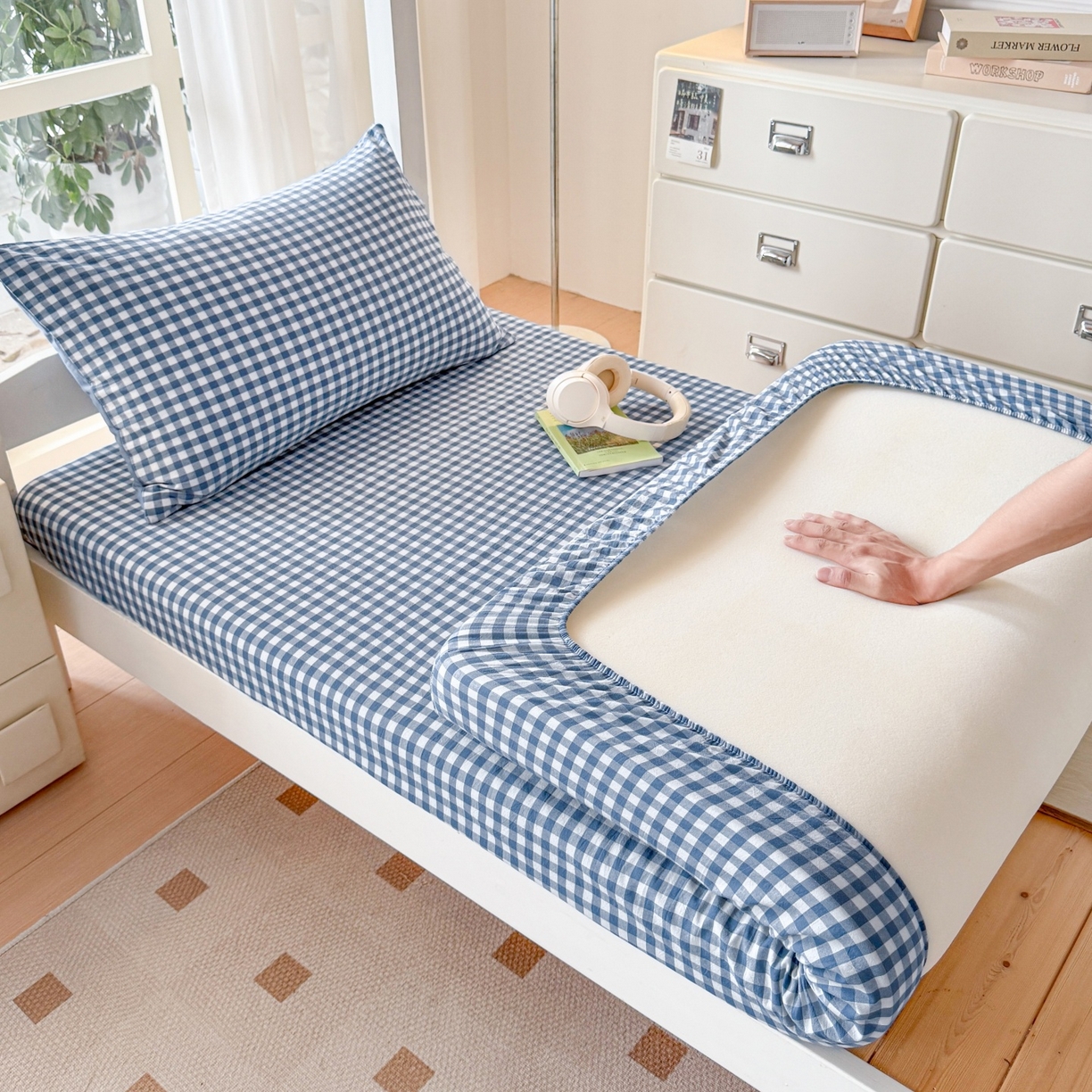 91家纺网 家纺一手货源 找家纺 盛秋家纺 2025新款A类水洗棉格子印花床笠单品床笠单件单床笠 蓝小格
