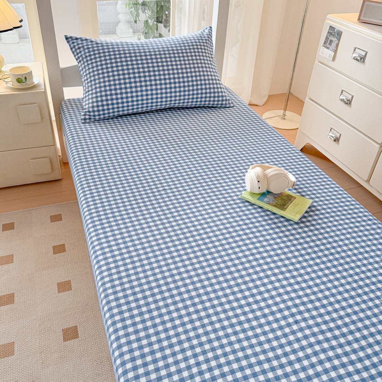 91家纺网 家纺一手货源 找家纺 盛秋家纺 2025新款A类水洗棉格子印花床笠单品床笠单件单床笠 蓝小格