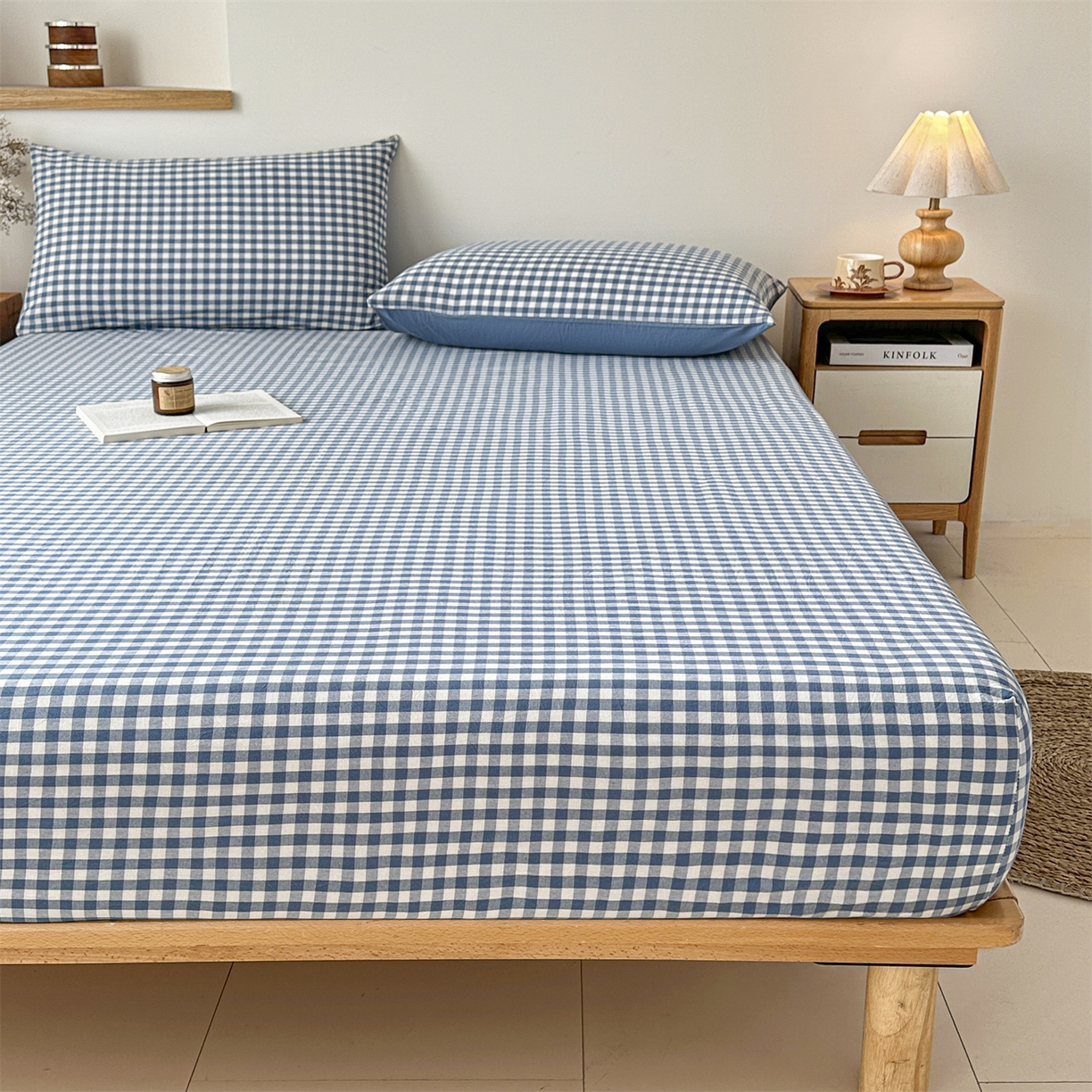 91家纺网 家纺一手货源 找家纺 盛秋家纺 2025新款A类水洗棉格子印花床笠单品床笠单件单床笠 蓝小格