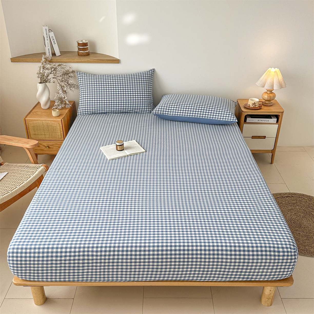 91家纺网 家纺一手货源 找家纺 盛秋家纺 2025新款A类水洗棉格子印花床笠单品床笠单件单床笠 蓝小格