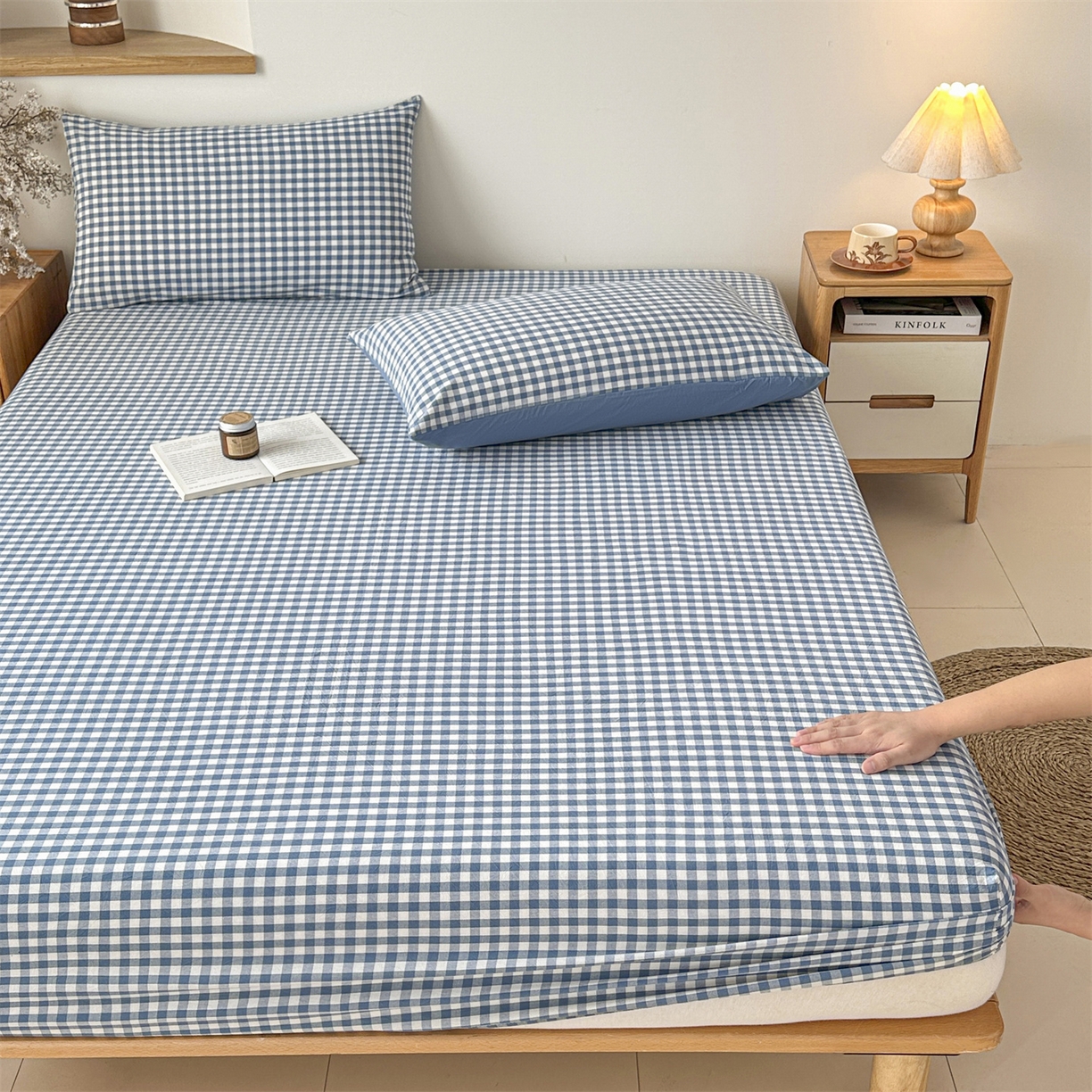 91家纺网 家纺一手货源 找家纺 盛秋家纺 2025新款A类水洗棉格子印花床笠单品床笠单件单床笠 蓝小格