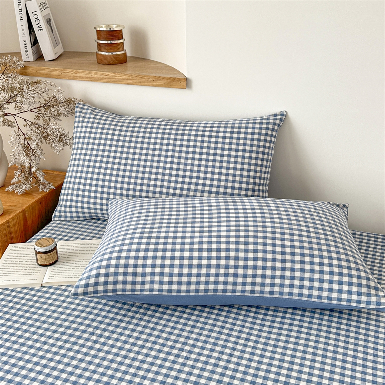 91家纺网 家纺一手货源 找家纺 盛秋家纺 2025新款A类水洗棉格子印花床笠单品床笠单件单床笠 蓝小格