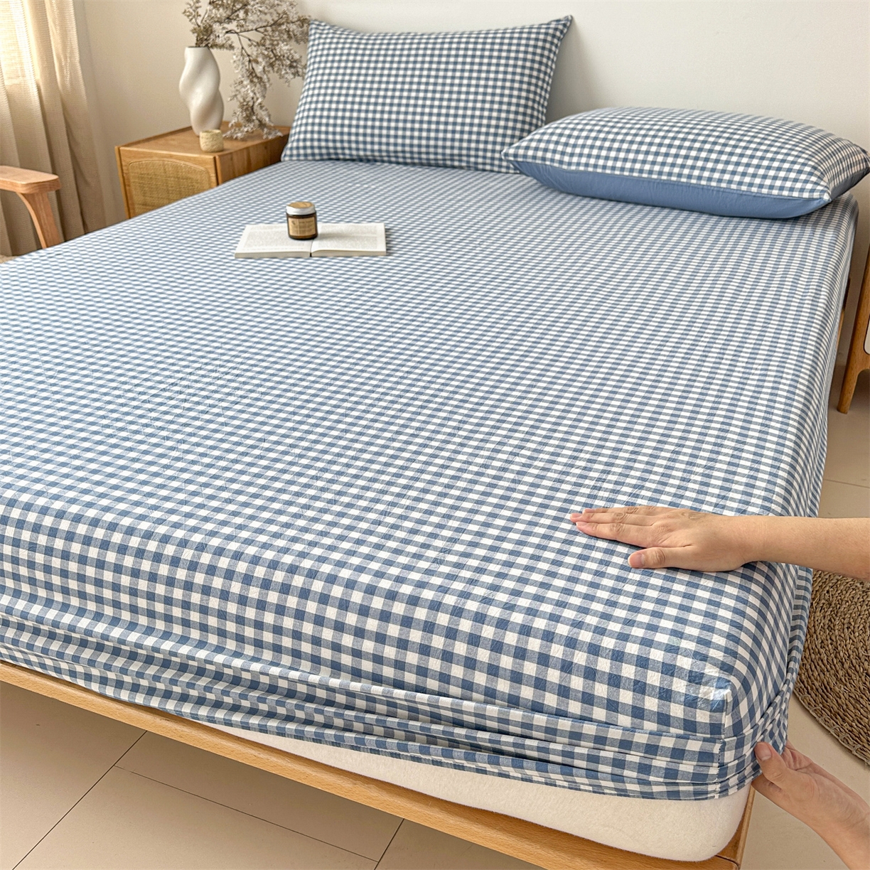 91家纺网 家纺一手货源 找家纺 盛秋家纺 2025新款A类水洗棉格子印花床笠单品床笠单件单床笠 蓝小格