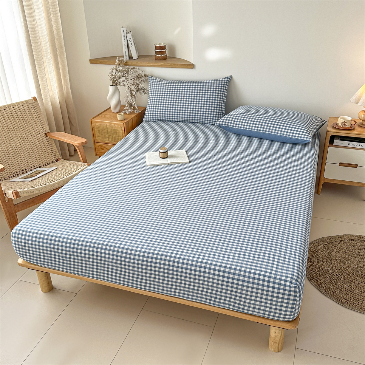 91家纺网 家纺一手货源 找家纺 盛秋家纺 2025新款A类水洗棉格子印花床笠单品床笠单件单床笠 蓝小格