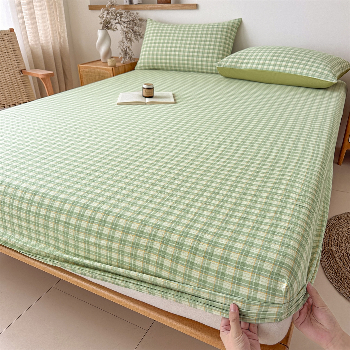 盛秋家纺 2025新款A类水洗棉格子印花床笠单品床笠单件单床笠 抹茶