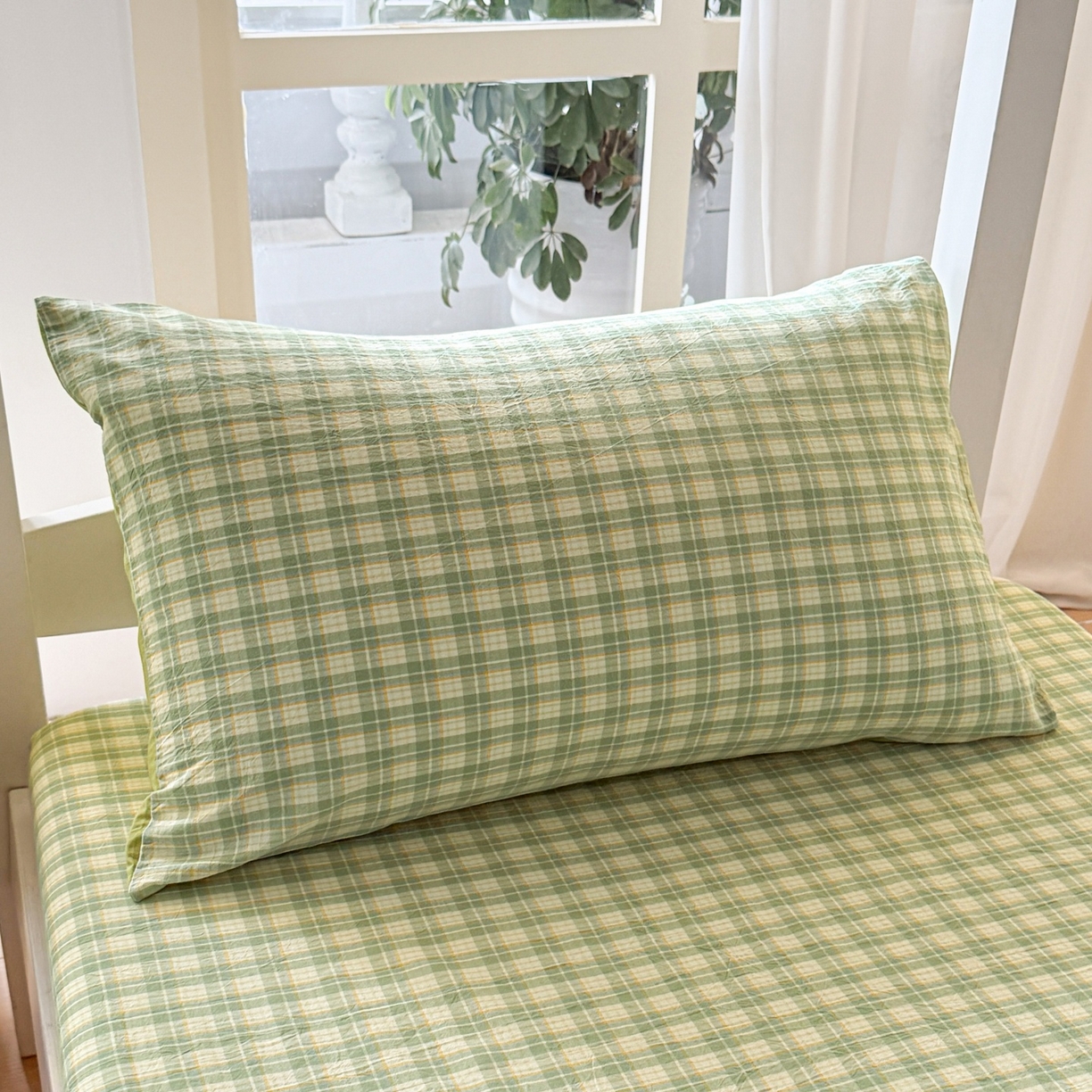 91家纺网 家纺一手货源 找家纺 盛秋家纺 2025新款A类水洗棉格子印花床笠单品床笠单件单床笠 抹茶