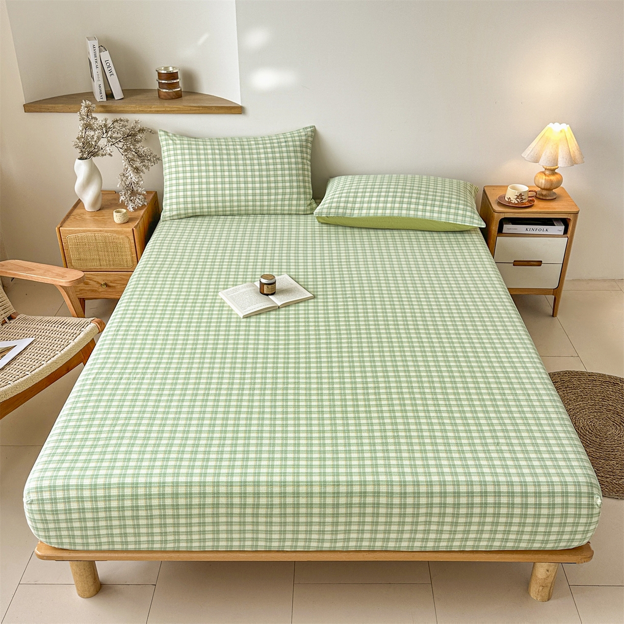 91家纺网 家纺一手货源 找家纺 盛秋家纺 2025新款A类水洗棉格子印花床笠单品床笠单件单床笠 抹茶