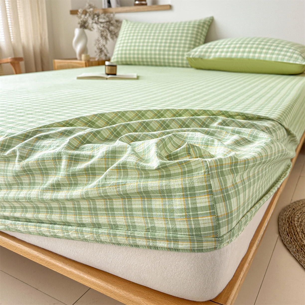 91家纺网 家纺一手货源 找家纺 盛秋家纺 2025新款A类水洗棉格子印花床笠单品床笠单件单床笠 抹茶