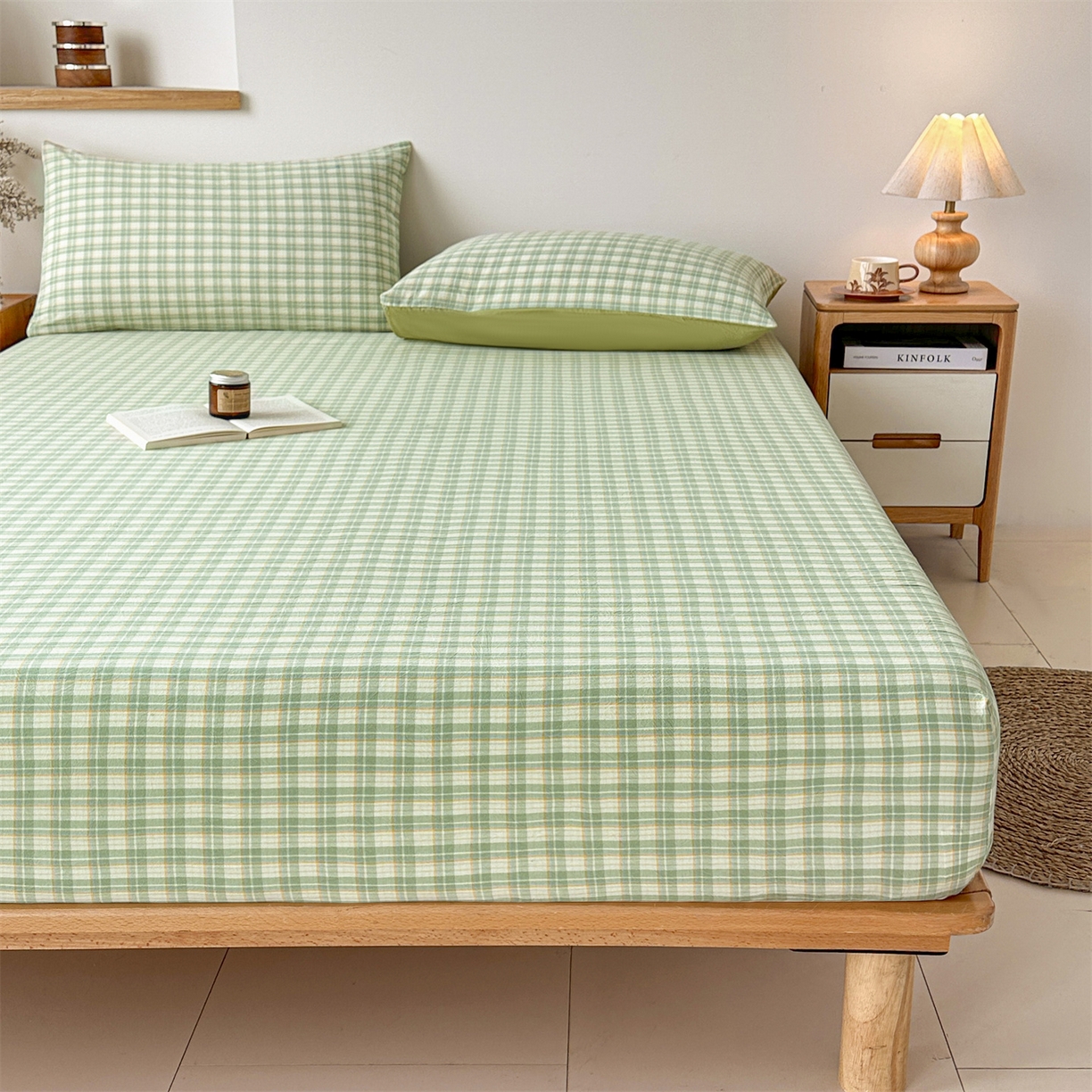 91家纺网 家纺一手货源 找家纺 盛秋家纺 2025新款A类水洗棉格子印花床笠单品床笠单件单床笠 抹茶