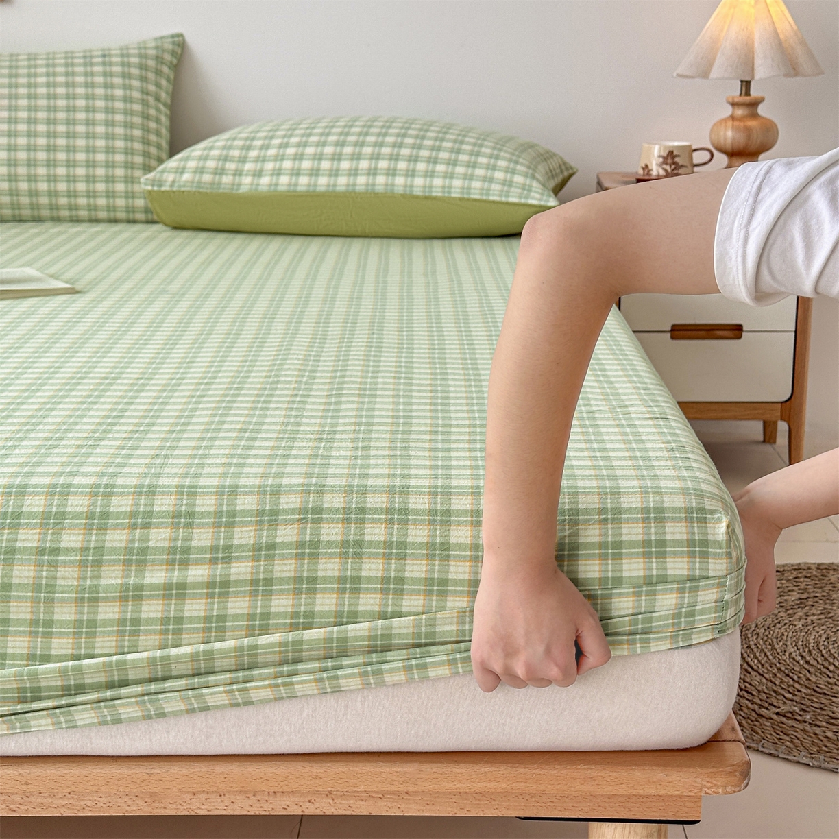 91家纺网 家纺一手货源 找家纺 盛秋家纺 2025新款A类水洗棉格子印花床笠单品床笠单件单床笠 抹茶