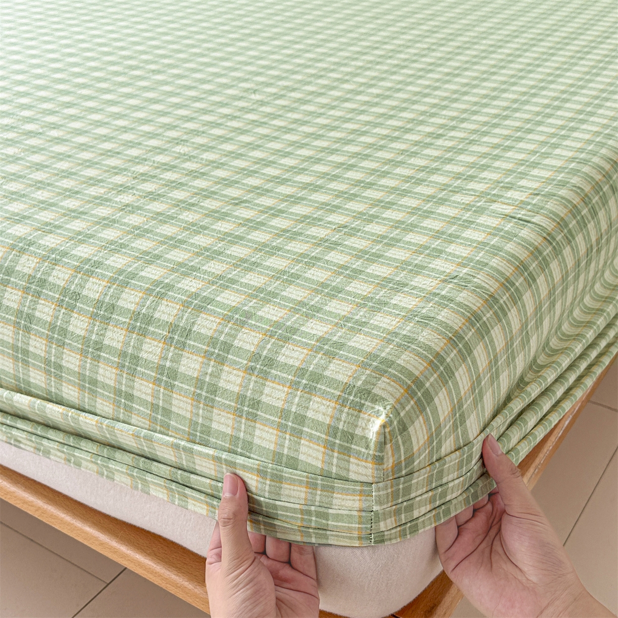 91家纺网 家纺一手货源 找家纺 盛秋家纺 2025新款A类水洗棉格子印花床笠单品床笠单件单床笠 抹茶