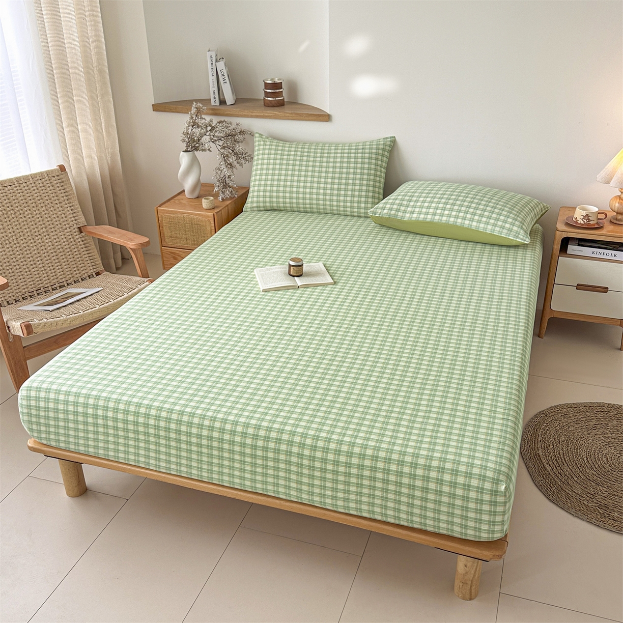 91家纺网 家纺一手货源 找家纺 盛秋家纺 2025新款A类水洗棉格子印花床笠单品床笠单件单床笠 抹茶