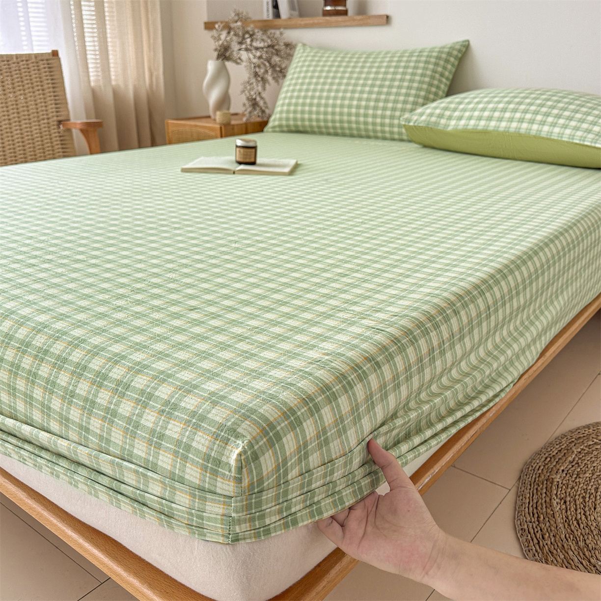91家纺网 家纺一手货源 找家纺 盛秋家纺 2025新款A类水洗棉格子印花床笠单品床笠单件单床笠 抹茶