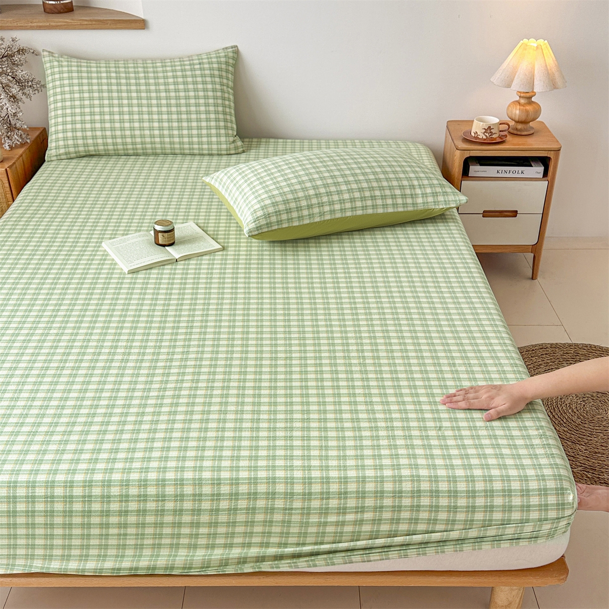 91家纺网 家纺一手货源 找家纺 盛秋家纺 2025新款A类水洗棉格子印花床笠单品床笠单件单床笠 抹茶