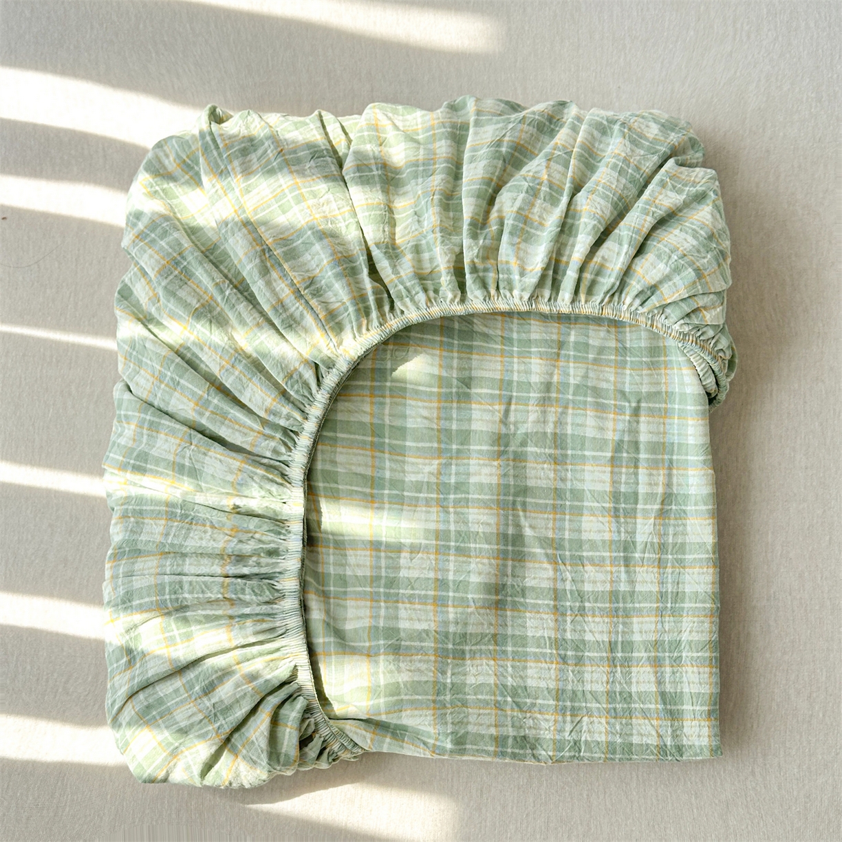 91家纺网 家纺一手货源 找家纺 盛秋家纺 2025新款A类水洗棉格子印花床笠单品床笠单件单床笠 抹茶