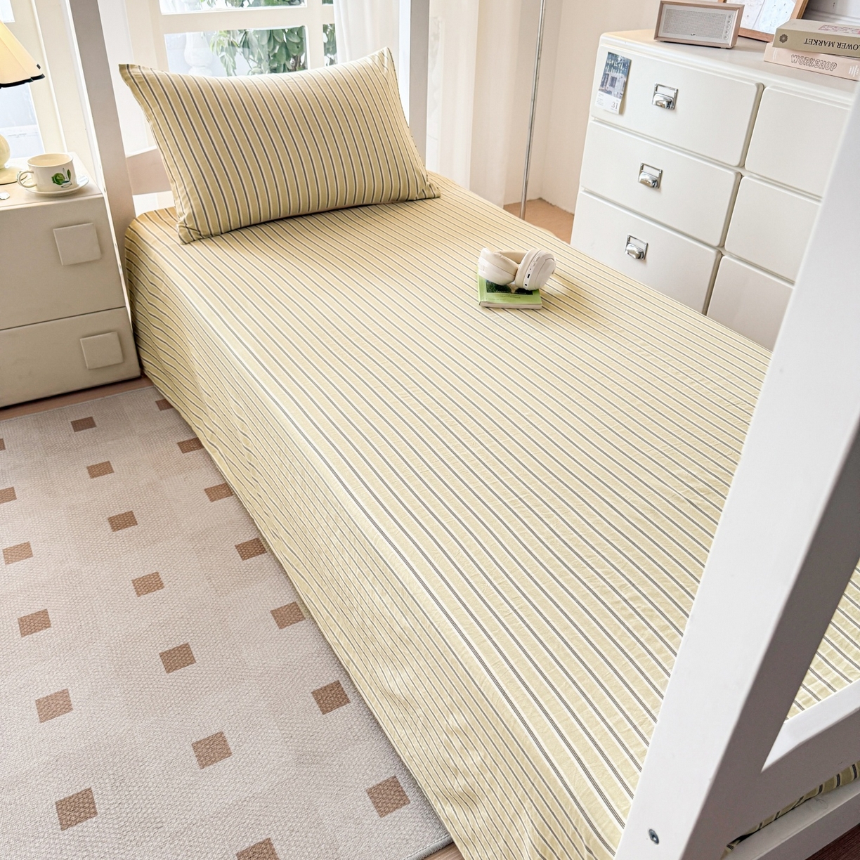 91家纺网 家纺一手货源 找家纺 盛秋家纺 2025新款A类水洗棉格子印花床笠单品床笠单件单床笠 泡芙黄