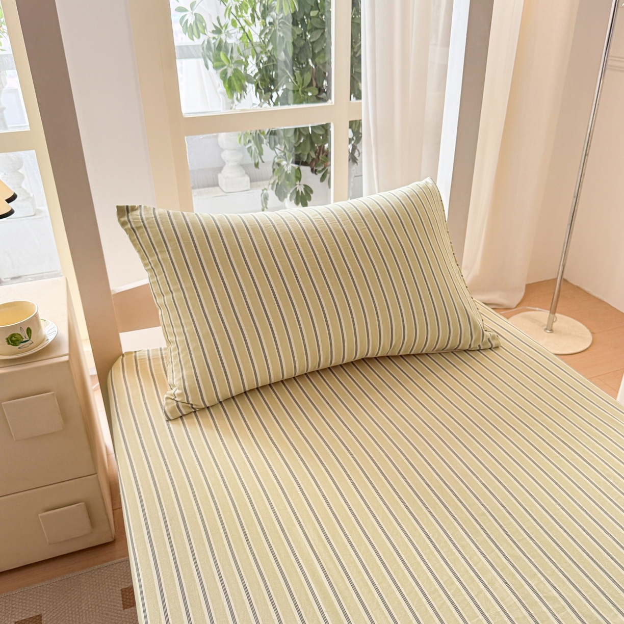 91家纺网 家纺一手货源 找家纺 盛秋家纺 2025新款A类水洗棉格子印花床笠单品床笠单件单床笠 泡芙黄