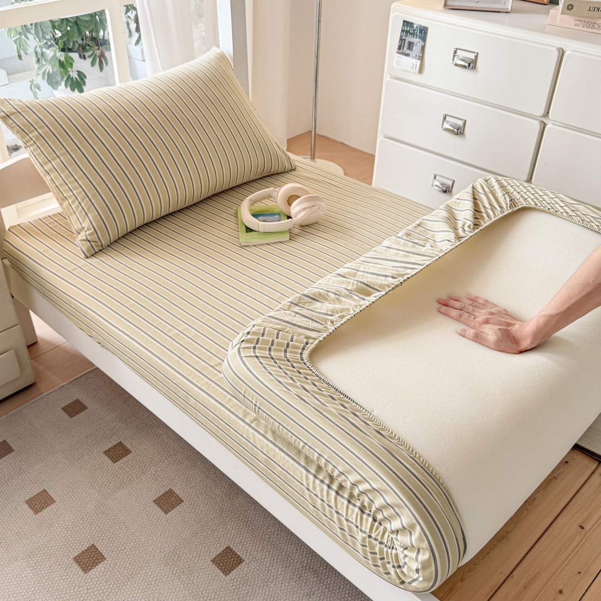 91家纺网 家纺一手货源 找家纺 盛秋家纺 2025新款A类水洗棉格子印花床笠单品床笠单件单床笠 泡芙黄